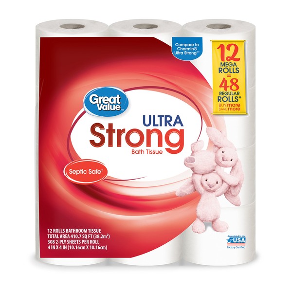 Great Value Ultra Strong Toilet Tissue Paper, 12 Mega Rolls