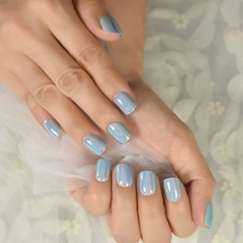 LINSSQ Press on Nails,Light Blue False Nails,Beauty Metallic Mirror Nails Manicure Kits,Reusable UV Gel Fake Finger Nail Art Women Girls Gifts for Daily Office Party