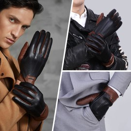FIORETTO Mens Winter Genuine Leather Gloves Cashmere and Wool Lined Warm Touchscreen Leather Driving Gloves Cognac X-Large