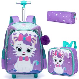 ZBAOGTW Rolling Backpack for Girls Cute Kids Rolling Backpack with Lunch Bag Kids Backpack with Wheels for School Backpacks for Elementary with Lunch Box Pencil Case Trolley Luggage
