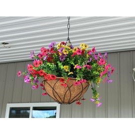 Lamsze Lamsze Artificial Faux Hanging Plants Flowers Basket for Fall, Colorful Daisy Flowers Eucalyptus UV Resistant Look Real for Outdoor Outside Porch Decoration