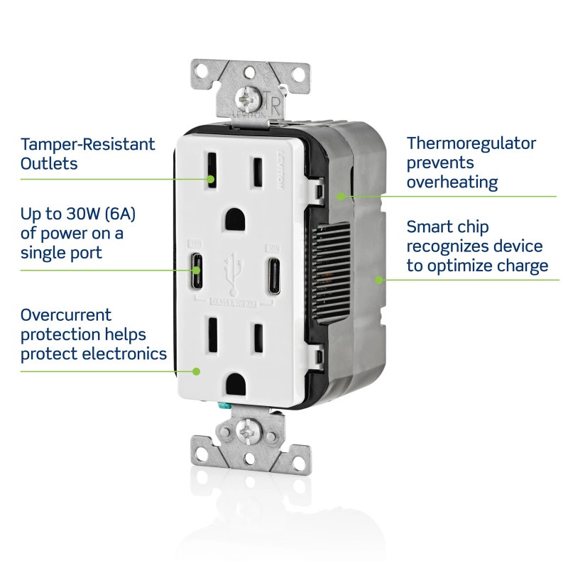 Leviton 15 Amp USB Type C In Wall Charger with