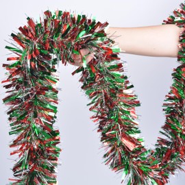 ORG 49.2ft Red Green and Silver Christmas Tinsel Garland Glitter Metallic Twist Tinsel Hanging Garland for Birthday Christmas Trees Wedding Birthday Party Supplies Indoor and Outdoor Decorations