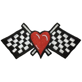 Papapatch Red Heart Checkered Black and White Flag Race Track Racing Victory Biker Motorcycle Jacket Vest DIY Sew on Iron on Embroidered Applique Patch (Iron-Check-Flag-Heart)