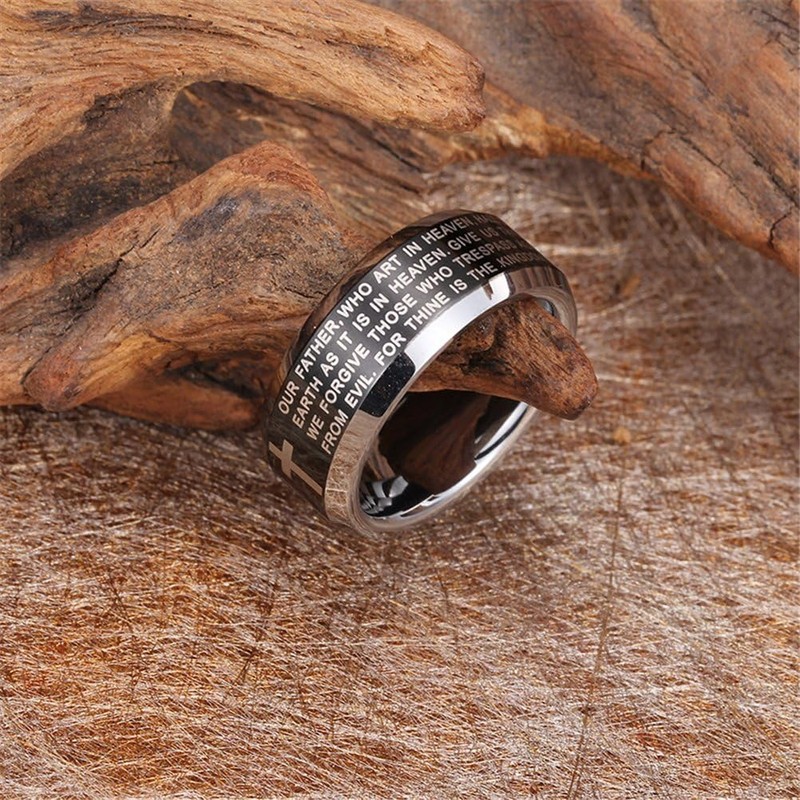 Fashion Month Mens 8mm Black Silver Tungsten Carbide Ring English