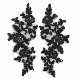 SUNMOVE 1 Pair Embroidery Sequins Lace Applique Sewing Flower Fabric Collar Applique Motif Wedding Dress Bride Crafts (Black)