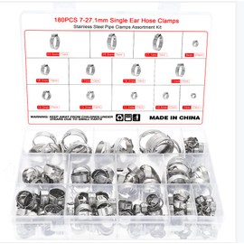 Faankiton 180 Pieces 7-27.1 mm Single Ear Hose Clamps, Ear Hose Clamp, Crimper, Stainless Steel, Continuous Hose Clamp, 13 Sizes