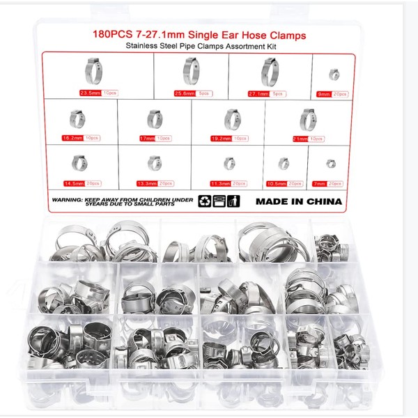 Faankiton 180 Pieces 7-27.1 mm Single Ear Hose Clamps, Ear