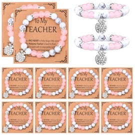 Landical 12 Pcs Teacher Appreciation Gifts for Women Natural Stone Teacher Bracelet Gifts with Message Cards Thank You Gifts for Teacher Valentine's Day Graduation Birthday Gifts (Pink,White)