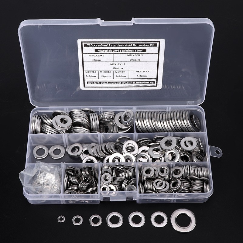 720Pcs Flat Washer Kit 304 Stainless Steel Silver Spring Gasket