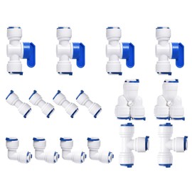 3/8" OD Quick Connect Push in to Connect Water Tube Fitting for RO Reverse Osmosis Water Filter (Ball Valve + T + I + L + Y, 16 Pack),White