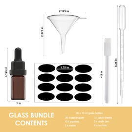 TIDY NICHES Amber Glass Tincture Bottles Includes Droppers - For Essential Oils, Perfumes and Liquid Storage - Includes Funnels, Labels, Pipettes and Microfiber Cloth - 0.33 fl oz / 10 ml, 36 pack