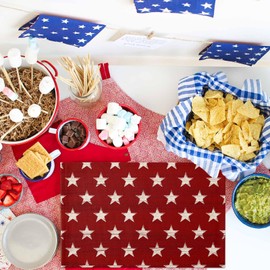 Table Placemats Set of 6,Retro White Stars on Red Wooden Heat-Proof Washable Place Mat,4th of July Patriotic USA Flag Linen Placemat for Kitchen Dining Holiday Party Banquet Tables