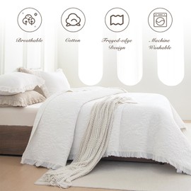 Sanracie Stonewashed Cotton Quilt Set King Size(110"x98"), Ruffled White Quilt Coverlet Bedding Set Flower Petal Pattern Crinkle Farmhouse Shabby Rustic Chic Quilted Bedspread Set 3Pcs for All Season