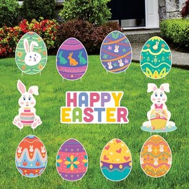 Happy Easter Yard Sign Cutout - Bunnies with Eggs Yard Decorations for Happy Easter Yard Signs Party Lawn Decorations With Metal Stakes, VP4658