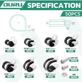 OURU 50PCS Cable Clamps with Screws Assortment Kit 304 Stainless Steel Rubber Coated Cushioned Insulated Cable Clamp,Automotive Wire Pipe Clamps 7 Sizes—1/8" 3/16" 1/4" 5/16" 3/8" 1/2" 3/4"