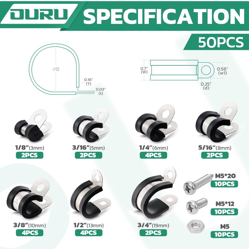 OURU 50PCS Cable Clamps with Screws Assortment Kit 304 Stainless