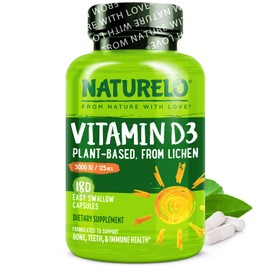 NATURELO Vitamin D - 5000 IU - Plant Based from Lichen - Natural D3 Supplement for Immune System, Bone Support, Joint Health - High Potency - Vegan - Non-GMO - Gluten Free - 180 Capsules