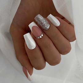 Ceboic Pack of 24 False Nails for Sticking, Short Square French Press On Nails, White Pink Artificial Nails with Rhinestones, Acrylic Full Cover Nail Tips for Women Girls