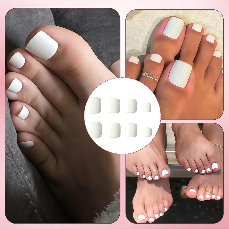 Mrltau 24 Pieces High Gloss White Press On Toenails, Short