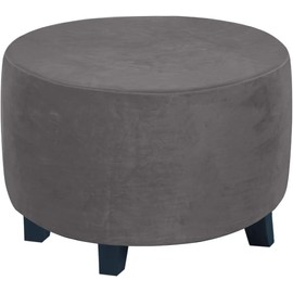 Velvet Plush Ottoman Cover,Super Stretch Round Ottoman Slipcover Washable Storage Stool Furniture Protector for Living Room (Grey,Medium)