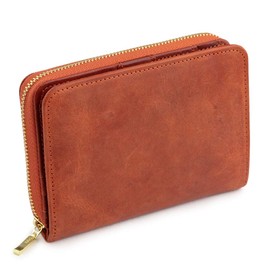 Abies Vintage Wax Leather, Genuine Leather, Round Zipper, Bi-fold Wallet, Made in Japan, vermillion orange