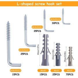 Pack of 215 Hook Screws, Screw Hooks, Straight, Screw-In Hooks, L-shaped Screw Hooks with Dowel Set, Wall Hooks for Screwing Dowel Set, Picture Hooks for Screwing L-Right Angle for Home, Office
