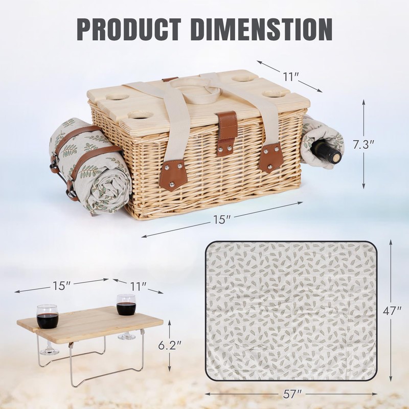 HappyPicnic Picnic Basket for 4, Handmade Wicker Picnic Set with