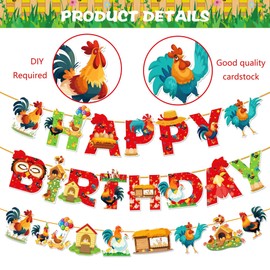 Chicken Happy Birthday Banner, Hen Rooster Party Sign Decorations, Farm Girl Boy Theme Supplies, Bday Kids 1st First Decor