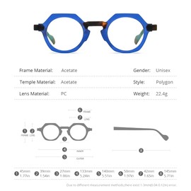 HEPIDEM - anteojos de acetato multicolor mate para mujer, estilo polígono clásico, para hombre, 9229 Leopardo Azul Mate, 45 mm