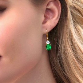 Gem Stone King 18K Yellow Gold Plated Silver Green Nano Emerald and White Moissanite Dangle Earrings For Women (4.94 Cttw, Oval 10X8MM, Trillion 5MM)