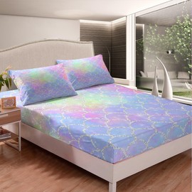 Purple Blue Teal Ombre Fitted Sheet Silver Mermaid Fitted Sheet 90 x 200 cm for Children Rainbow Glitter Bed Sheet Set Modern Colourful Fitted Sheet