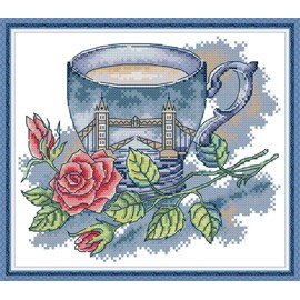 WOWDECOR Cross Stitch Embroidery Kits for Adults Kids, United Kingdom Tea Cup Red Rose 11CT Stamped DIY DMC Needlework Easy Beginners