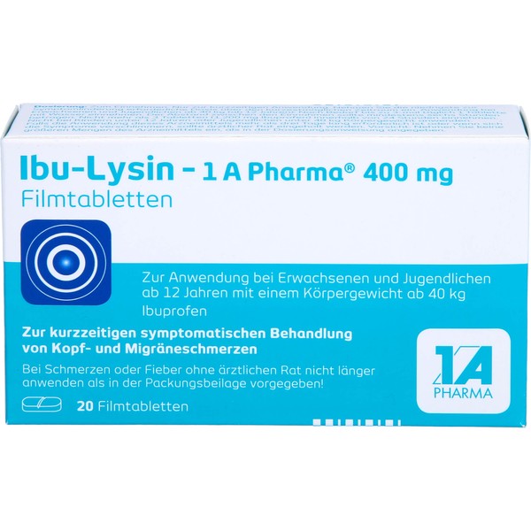 1 A Pharma Ibu-Lysin 1A Pharma 400 mg Filmtabletten zur kurzzeitigen symptomatischen Behandlung von Kopf- und Migräneschmerzen, 20 St. Tabletten