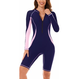 Bodycon Swimsuit for Women Long Sleeve Zip Up Boyleg Rash Guard Surfing Suit Skinny Stretch Fit Padded Swimwear Summer Beachwear