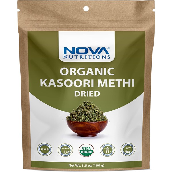Nova Nutritions Certified Organic Kasoori Methi Dried Fenugreek Leaves, 3.5 OZ (100 Gram), Used for cooking | Adds Flavor