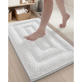 Color&Geometry Ultra Soft Chenille White Bathroom Rugs, Non-Slip Bath Mat with Elastic Fabric Backing, 20"x32", Super Absorbent and Washable Shower Mats for Inside Shower,Tub,Bathroom