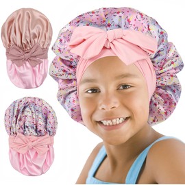 SAYMRE 2 PCS Kids Bonnet for Girls Double Layer Silk Satin Bonnet Sleep Cap for Child Curly Natural Hair 3-12Y (pink&&Rainbow pink)
