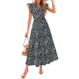 PRETTYGARDEN Women's 2025 Summer Floral Midi Dress Cap Sleeve V Neck Ruffle Long Flowy Boho Casual Beach Vacation Dresses (Floral Black Blue,Medium)