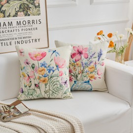 Voreppy Floral Cushion Covers 45 x 45 cm Waterproof Outdoor Garden Cushion Pillowcase Sage Green Outdoor Pink Butterfly Leaves Decorative Pillow Covers for Garden Sofa Couch Bed Set of 4