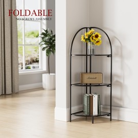 Crofy Foldable 5 Tier Corner Shelf, Corner Plant Stand with Black Metal Frame and Transparent Tempered Glass Shelves, Corner Display Rack Multipurpose Shelving Unit for Living Room, Bedroom, Bathroom