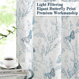 Jubilantex Butterfly Leaf Semi Sheer Curtains 95" L Curtain Panels for Kids Bedroom,Blue Print on White Light Filtering Window Drapes,Grommet Top