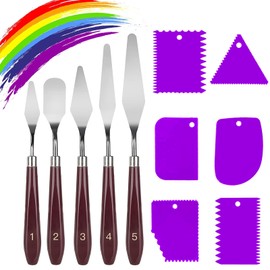 11 Pcs Palette Knife Set, 5 Pcs Stainless Steel Palette Knives and 6 Pcs Plastic Scrapers, Painting Accessories for Oil Acrylic Canvas Painting Color Mixing Thick Paint Applications (Purple)