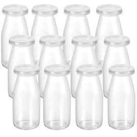 Homaisson 12 PCS Glass Milk Bottle with Lid, 6.7 oz Reusable Clear Juice Bottle, Pudding Yogurt Glass Container for Breakfast Picnic Party