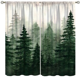 AAVEUP - Cortinas opacas para recámara, acuarela, rústico, clásico, color verde, brumoso, naturaleza, árbol, árbol de bosque, para niños, niñas, sala de estar, baño, 42 x 54 pulgadas