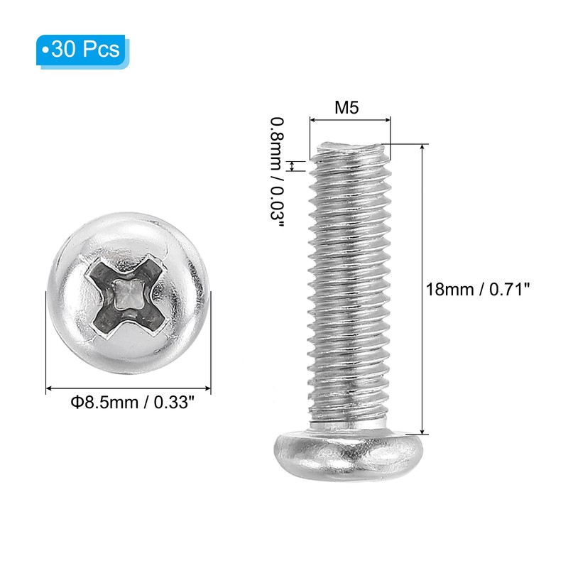 PATIKIL Phillips Pan Head Screws, 30 Pack M5-0.8 x 18mm