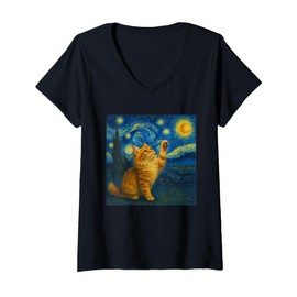 Womens Cat Starry Night Van Gogh Gift Maine Coon Cat Mom V-Neck T-Shirt
