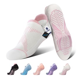 BRISIRA 5 Pairs Coolmax Stopper Socks Women's Yoga Pilates Barre, Bamboo Non-Slip Grip Socks with Heel Pad, Moisture Wicking, Compression Arch Support, Anti-Blister, 35-45, Pink, purple, black, blue