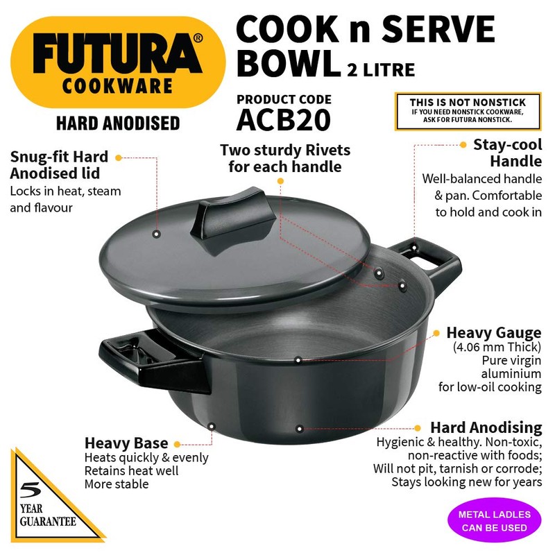Hawkins Futura 2 Litre Cook n Serve Bowl, Hard Anodised
