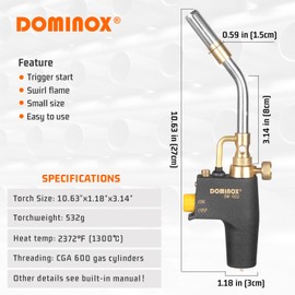 DOMINOX Propane Torch Head, High Intensity Torch Head Trigger Start Gas Torch, Soldering Torch for Propane, MAP and MAP PRO Tank, Soldering, Ignition, Barbecue, Lighting